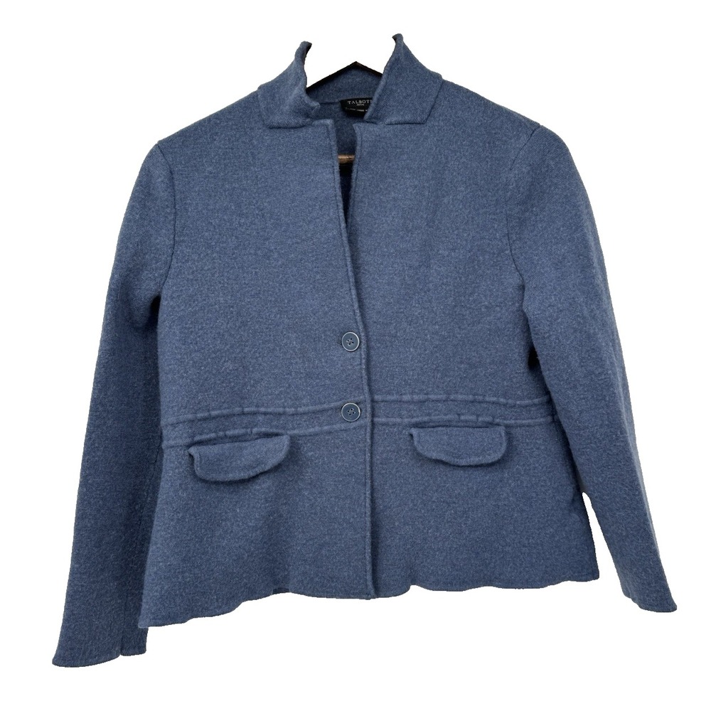 Talbots Blue Boiled Wool Look Jacket Stand Collar Button Front Flap Pocket Coat